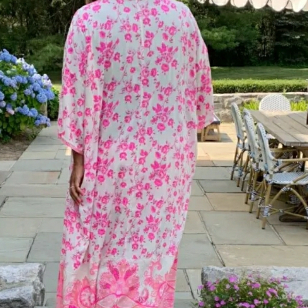 Free People White Kimono with Pink Floral Print
